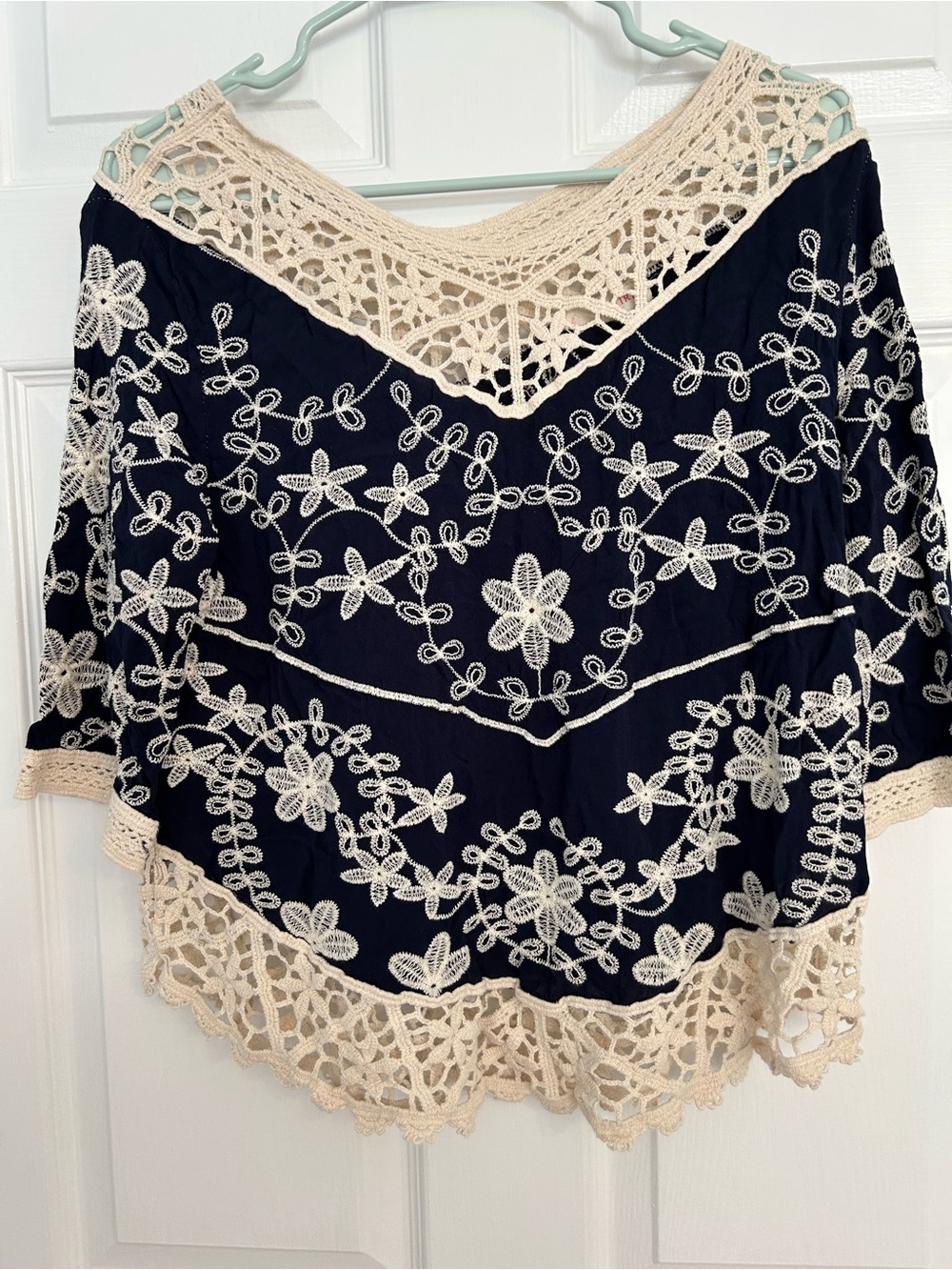 Solitaire Dark Navy Blue Crochet-Trim Embroidered Top